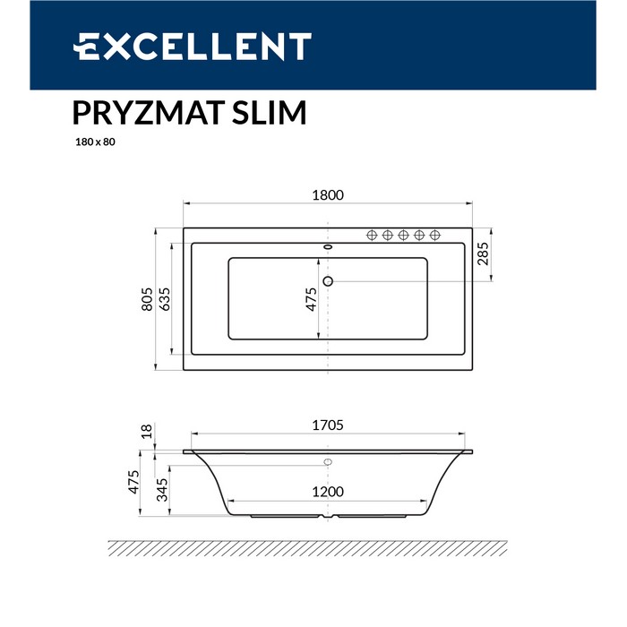 картинка Ванна EXCELLENT Pryzmat Slim 180x80 RELAX золото 