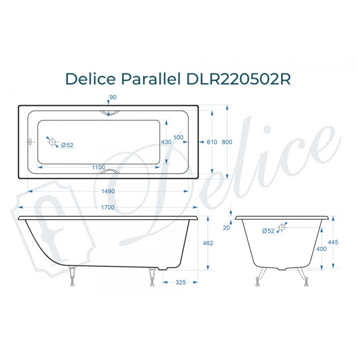 картинка Ванна чугунная Delice Parallel 1700х800 с ручками 