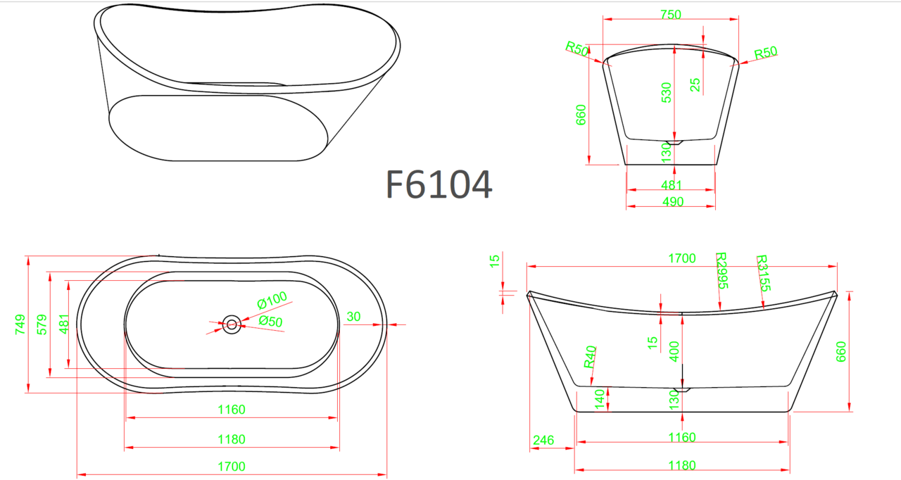 картинка Ванна Frank F6104 White отдельностоящая 170х75х66 см 