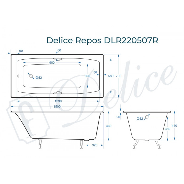 картинка Ванна чугунная Delice Repos 1500х700 с ручками и ножками 