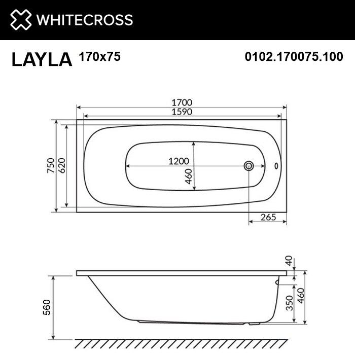 картинка Ванна WHITECROSS Layla 170x75 акрил с ножками NWT-50 