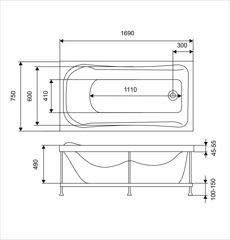 картинка Акриловая ванна Eurolux AKRA 170x75 с ножками 