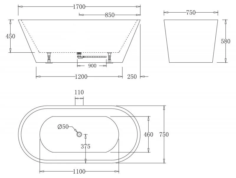 картинка Акриловая ванна без перелива BelBagno BB61-1700-W0 1700х750х600 