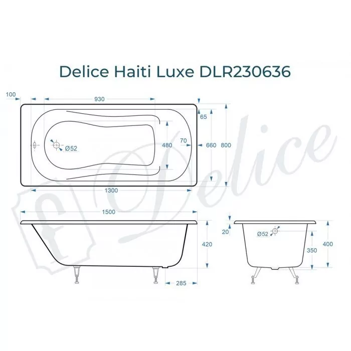 картинка Ванна чугунная Delice Haiti Luxe 150х80 DLR230636 с ножками 