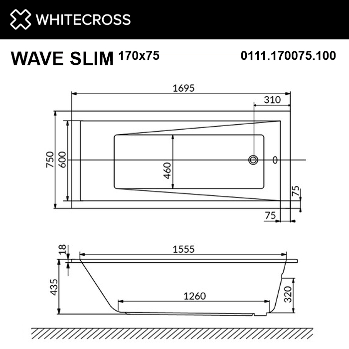 картинка Ванна WHITECROSS Wave Slim 170x75 RELAX золото 