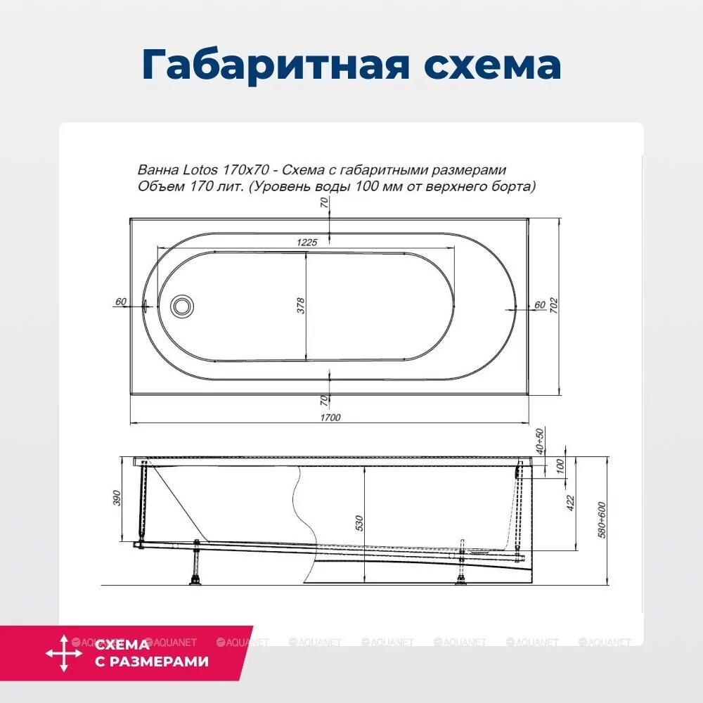 картинка Акриловая ванна Aquanet Lotos 170х70 см с каркасом 