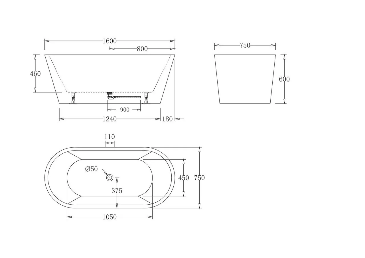 картинка Акриловая ванна без перелива BelBagno BB71-1600-W0 1600x750x600 