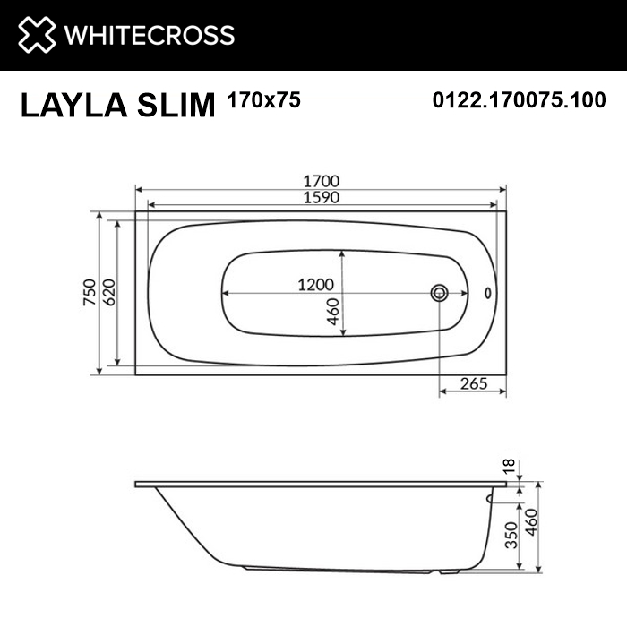 картинка Ванна WHITECROSS Layla Slim 170x75 акрил с каркасом MR-02 