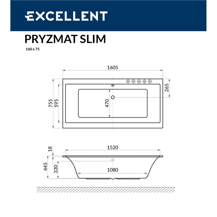 картинка Ванна EXCELLENT Pryzmat Slim 160x75 LINE золото 