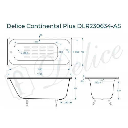 картинка Ванна чугунная Delice Continental PLUS 170х70 с антискользящим покрытием 