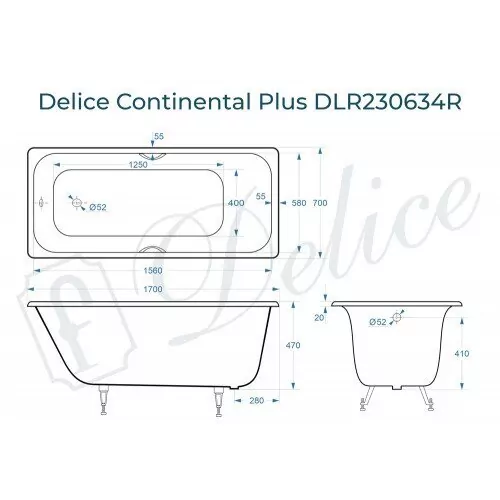 картинка Ванна чугунная Delice Continental PLUS 170х70 с отверстиями под ручки 