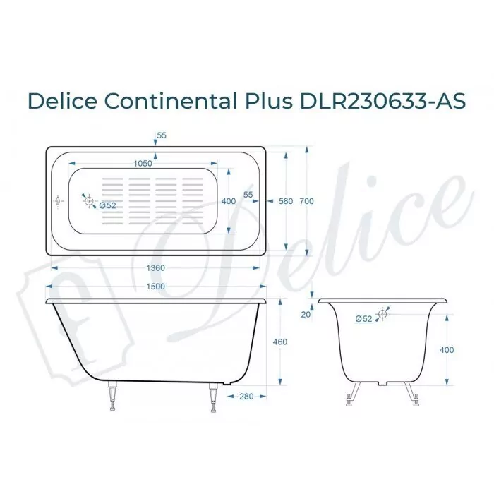 картинка Ванна чугунная Delice Continental PLUS 150х70 с антискользящим покрытием 