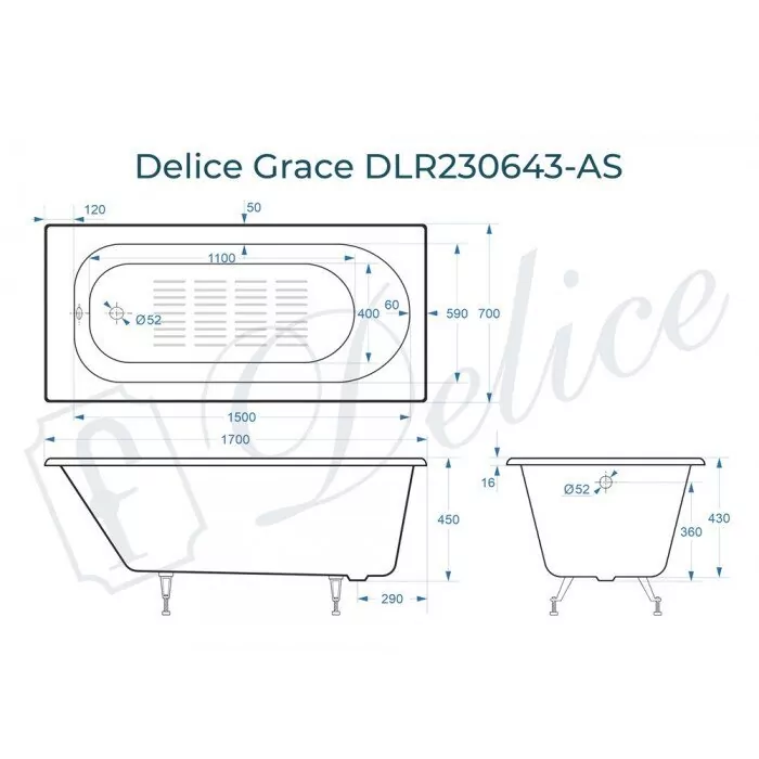 картинка Ванна чугунная Delice Grace 170х70 с антискользящим покртыием DLR230643-AS 