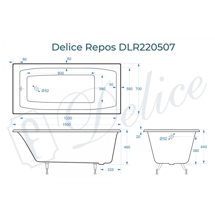 картинка Ванна чугунная Delice Repos 1500х700 без ручек с ножками 