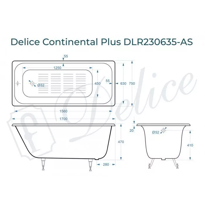 картинка Ванна чугунная Delice Continental PLUS 170х75 с антискользящим покрытием 