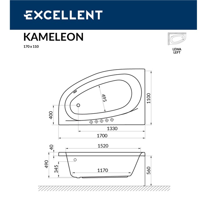 картинка Ванна EXCELLENT Kameleon 170x110 левая ULTRA хром 