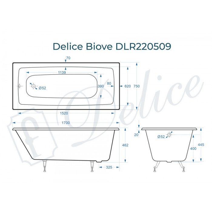 картинка Ванна чугунная Delice Biove 1700х750 без ручек с ножкками 