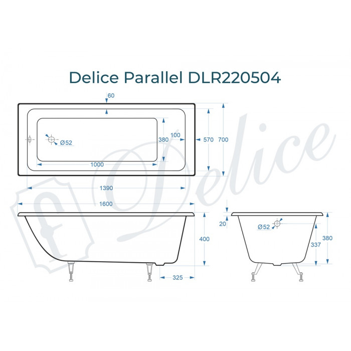 картинка Ванна чугунная Delice Parallel 1600х700 без ручек с ножками 