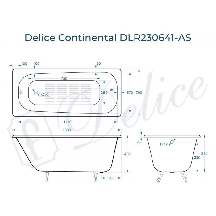 картинка Ванна чугунная Delice Continental 130х70 с антискользящим покрытием DLR230641-AS 