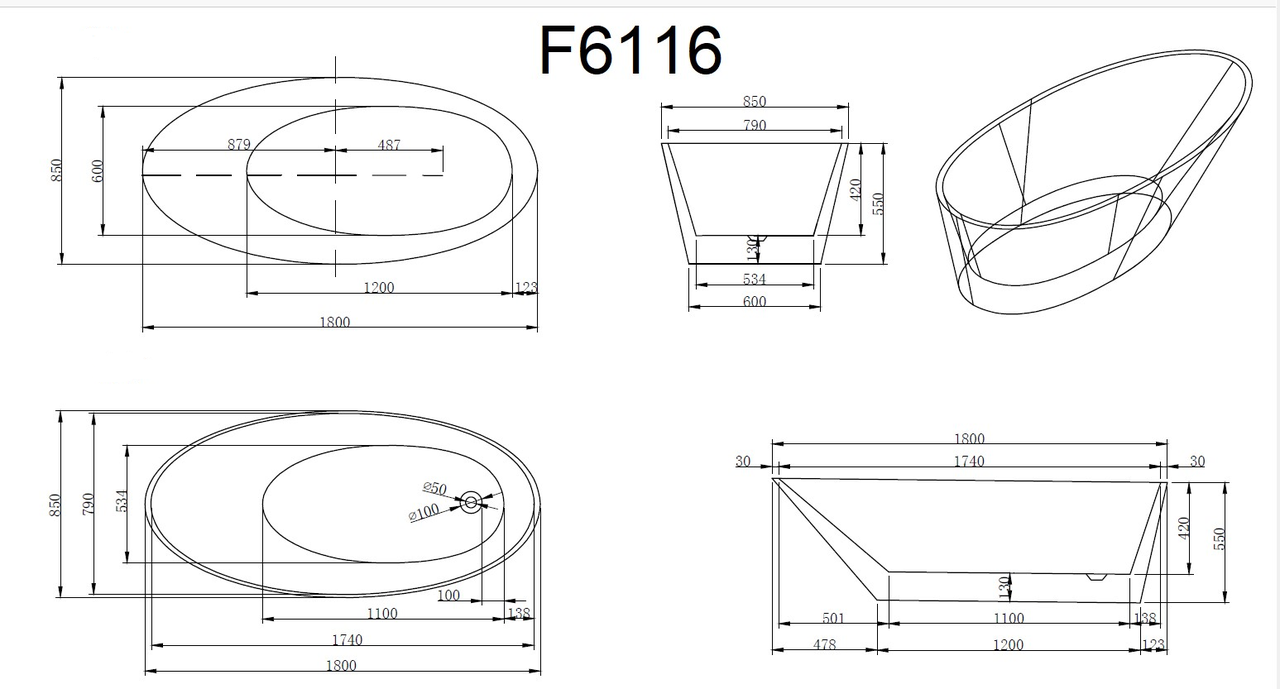 картинка Ванна Frank F6116 отдельностоящая 180х85х55 см 