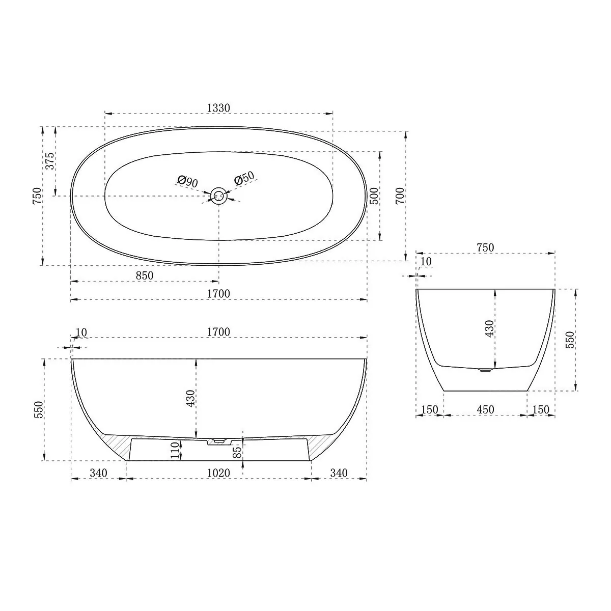 картинка Ванна прозрачная Vincea VBT-6T01B 1700х750х550 цвет черный 