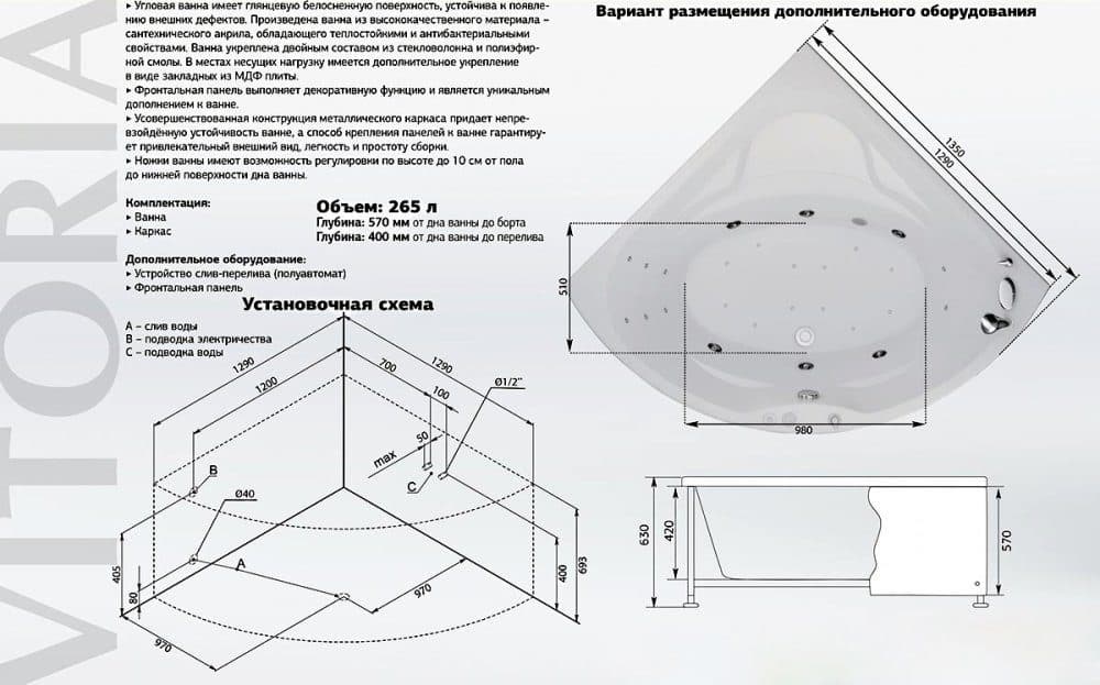 картинка Акриловая ванна Aquanet Vitoria 135x135 с каркасом 