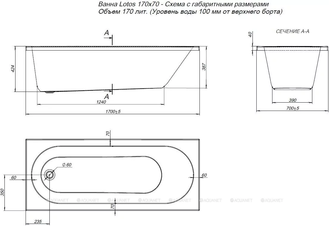 картинка Акриловая ванна Aquanet Lotos 170х70 см с каркасом 