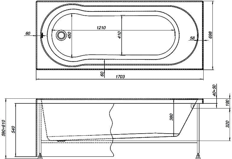 картинка Акриловая ванна Aquanet Light 170 с каркасом 