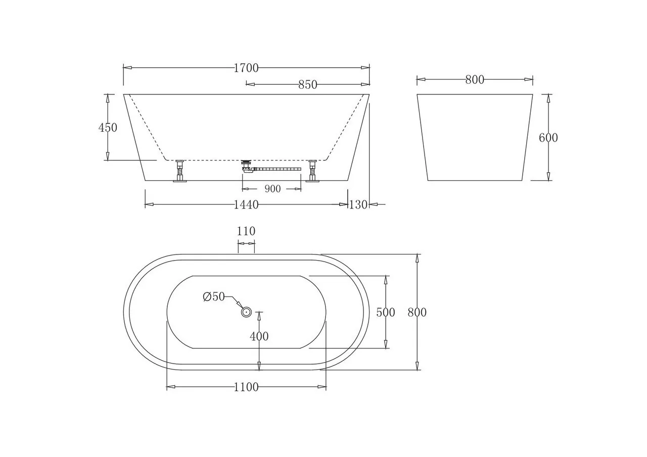 картинка Акриловая ванна без перелива BelBagno BB71-1700-NERO-W0 1700x800x600 