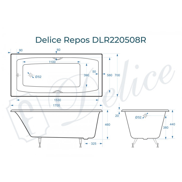 картинка Ванна чугунная Delice Repos 1700х700 с ручками 