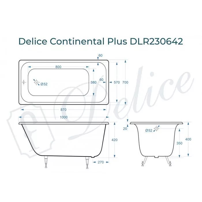 картинка Ванна чугунная Delice Continental PLUS 100х70 DLR230642 с ножками 