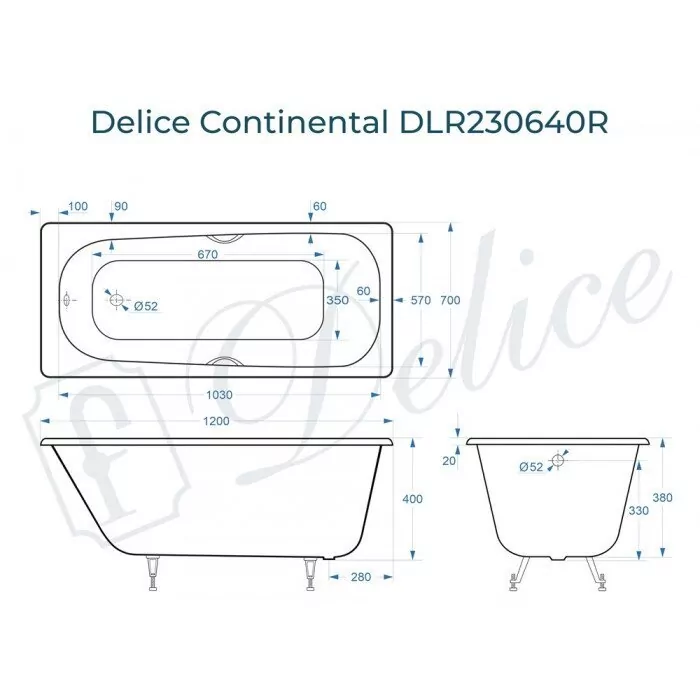 картинка Ванна чугунная Delice Continental 120х70 с отверстиями под ручки DLR230640R 