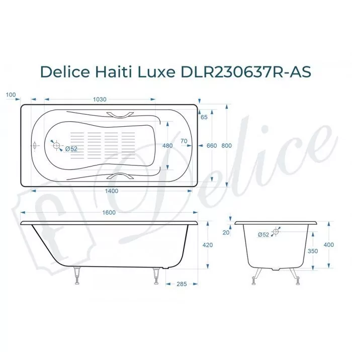 картинка Ванна чугунная Delice Haiti Luxe 160х80 с отверстиями под ручки и антискользящим покртыием DLR230637R-AS с ножками и переливом DLR000017 