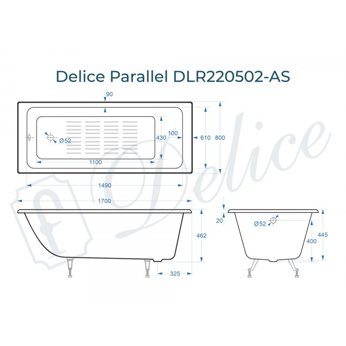 картинка Ванна чугунная Delice Parallel 1700х800 без ручек с антискользящим покрытием 