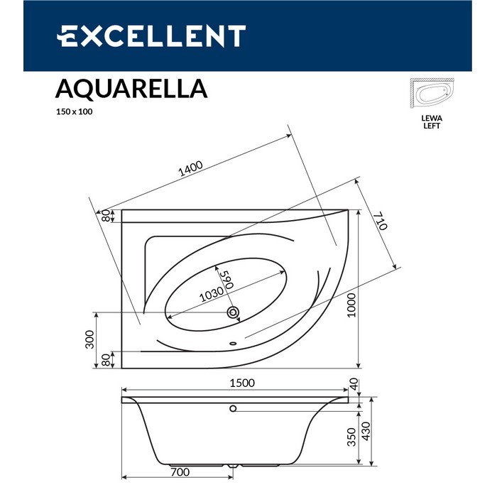 картинка Ванна EXCELLENT Aquarella 150x100 левая ULTRA золото 