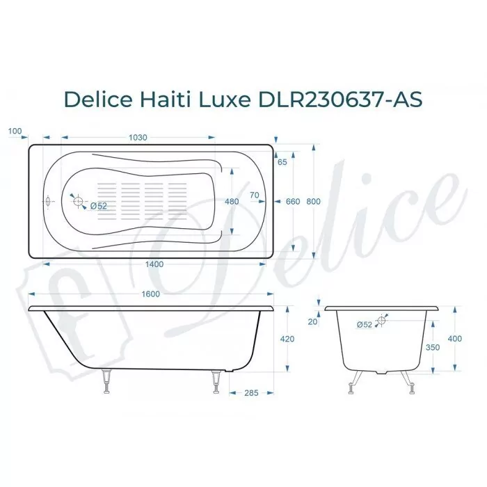 картинка Ванна чугунная Delice Haiti Luxe 160х80 с антискользящим покрытием DLR230637-AS с ножками 