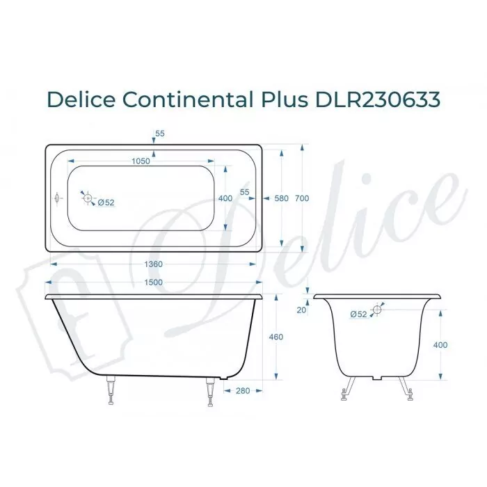 картинка Ванна чугунная Delice Continental PLUS 150х70 с ножками и переливом DLR000017 