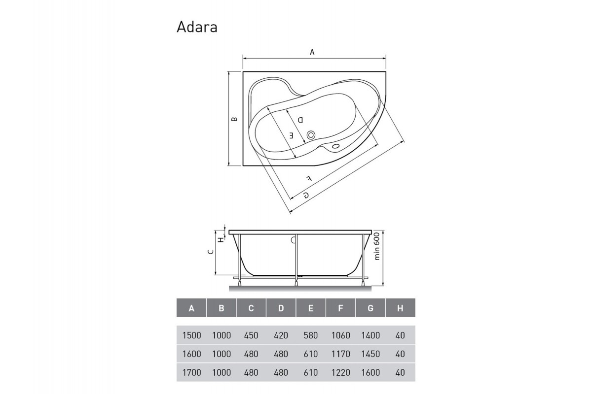 картинка Акриловая ванна Relisan Adara L 160х100 с каркасом 