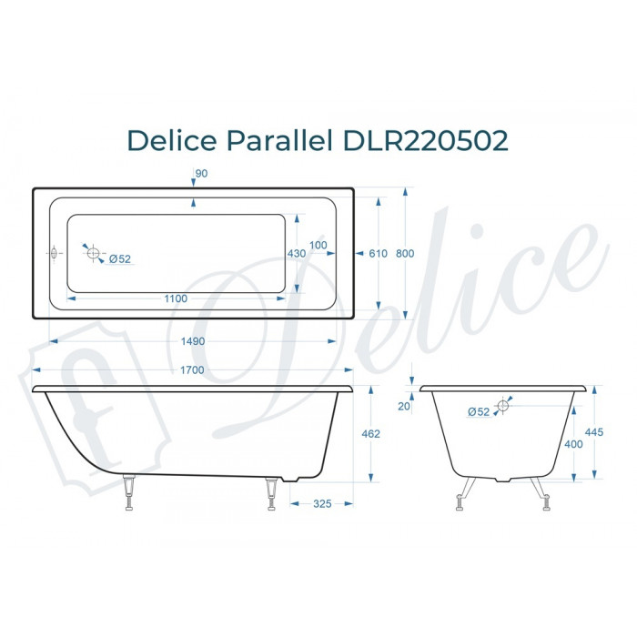 картинка Ванна чугунная Delice Parallel 1700х800 без ручек с ножками 