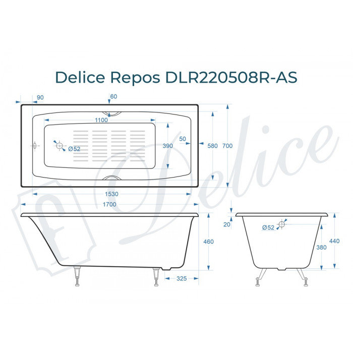 картинка Ванна чугунная Delice Repos 1700х700 с ручками и антискользящим покрытием 