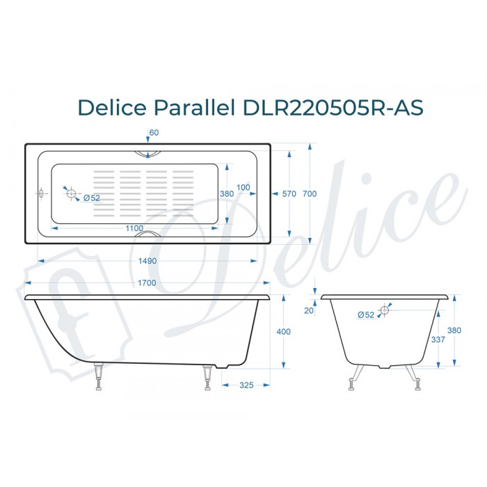 картинка Ванна чугунная Delice Parallel 1700х700 с ручками и антискользящим покрытием 