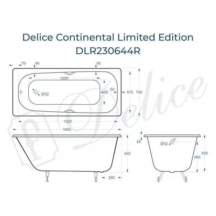 картинка Ванна чугунная Delice Continental Limited Edition 165х70 с отверстиями под ручки DLR230644R с ножками и переливом DLR000017 