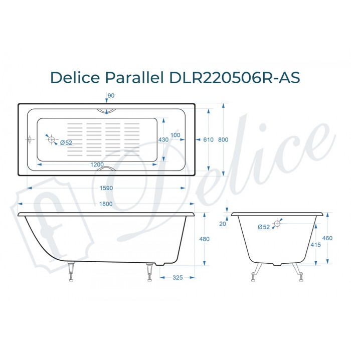 картинка Ванна чугунная Delice Parallel 1800х800 с ручками и антискользящим покрытием 